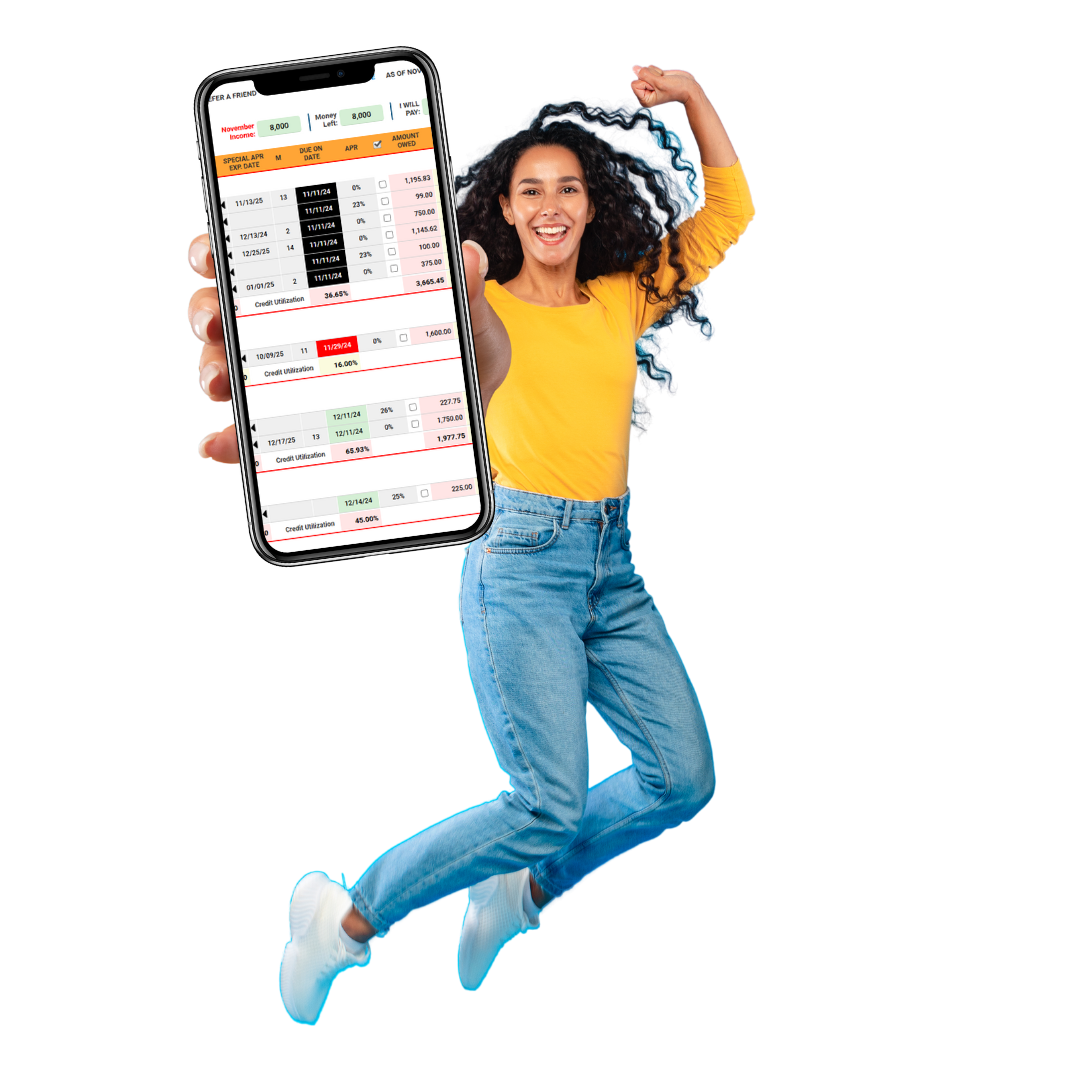 A lady showing Debt Eliminator Software on her Smartphone