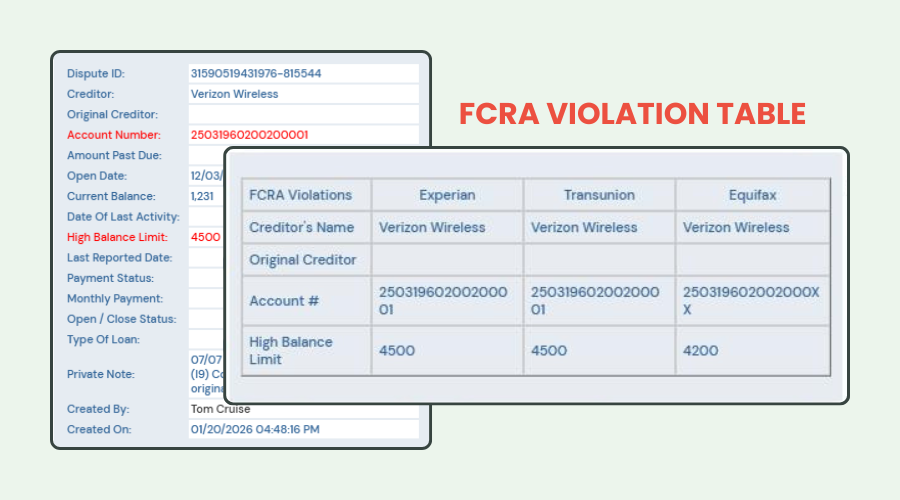 FCRA Violation Table